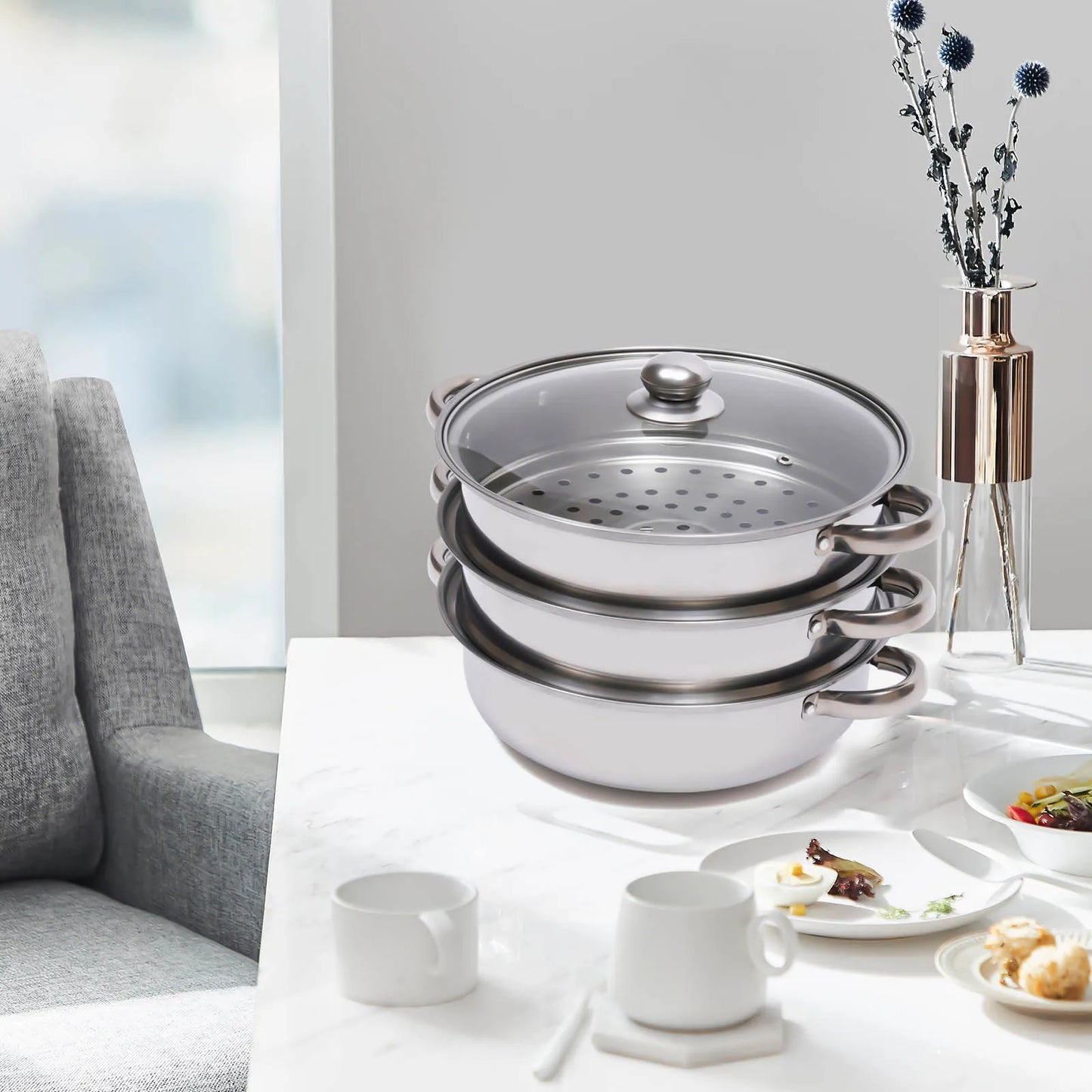 28CM 3-Tier Stainless Steel Thick Steamer Pot Soup Steam Pot Universal Cooking Pots for Induction Cooker Gas Stove