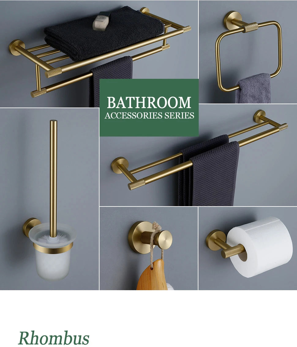 Brushed Gold Bathroom Accessories Towel Bar Bath Robe Hook Brass Knurled Bathroom Hardware Set Shelf for Towels Paper Tissue Hol