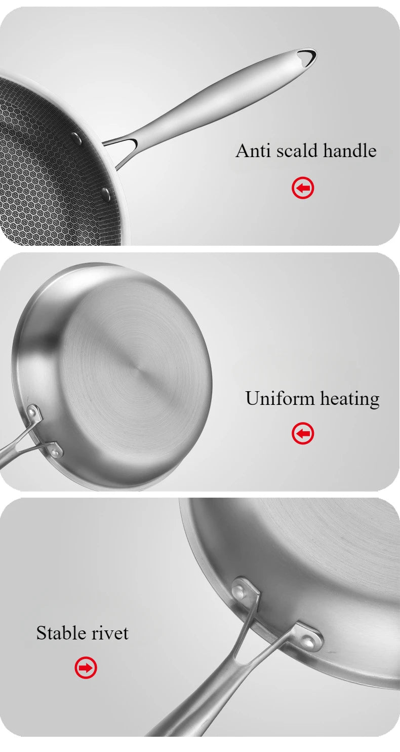 28cm Stainless Steel Frying Pans Non-stick Cooking Wok Honeycomb Structure Egg Frying Saucepan Cooking Pots Kitchen Accessories