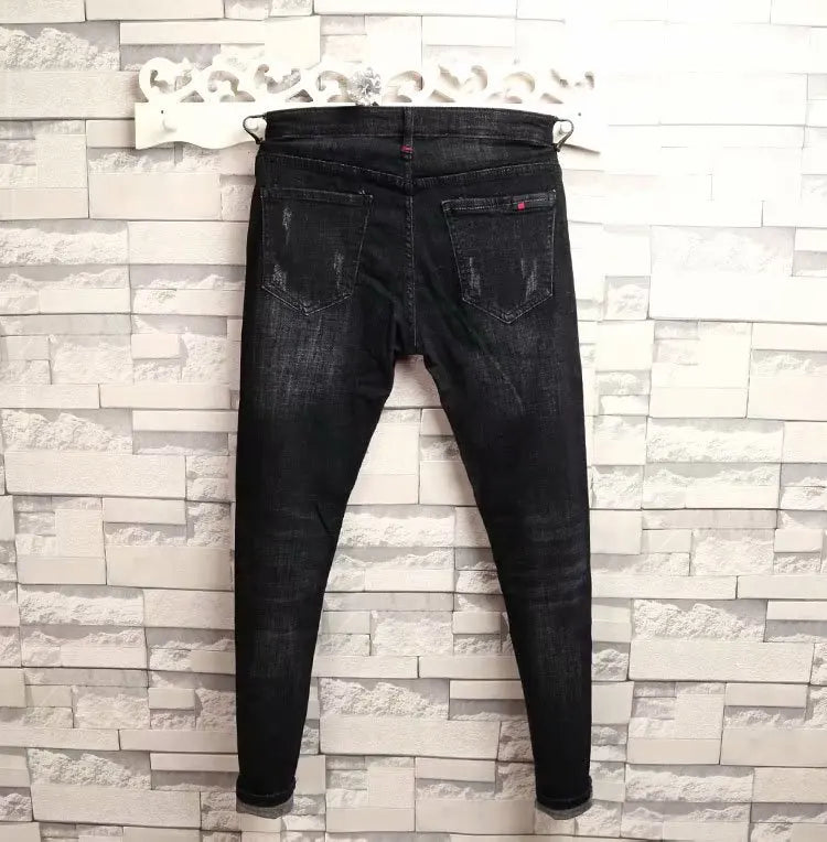 Man's Summer New Elastic Slim Fit Korean Spirit Guy Leggings Skinny Black Denim Jeans Casual Men Designer Ripped Pants