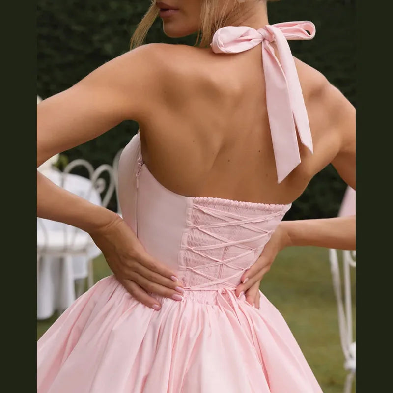 Elegant Pink Backless Pleated Lace-up Halter Mini Dress Women Off Shoulder Sleeve Puff Hem A-line Dresses Summer Lady Partywear