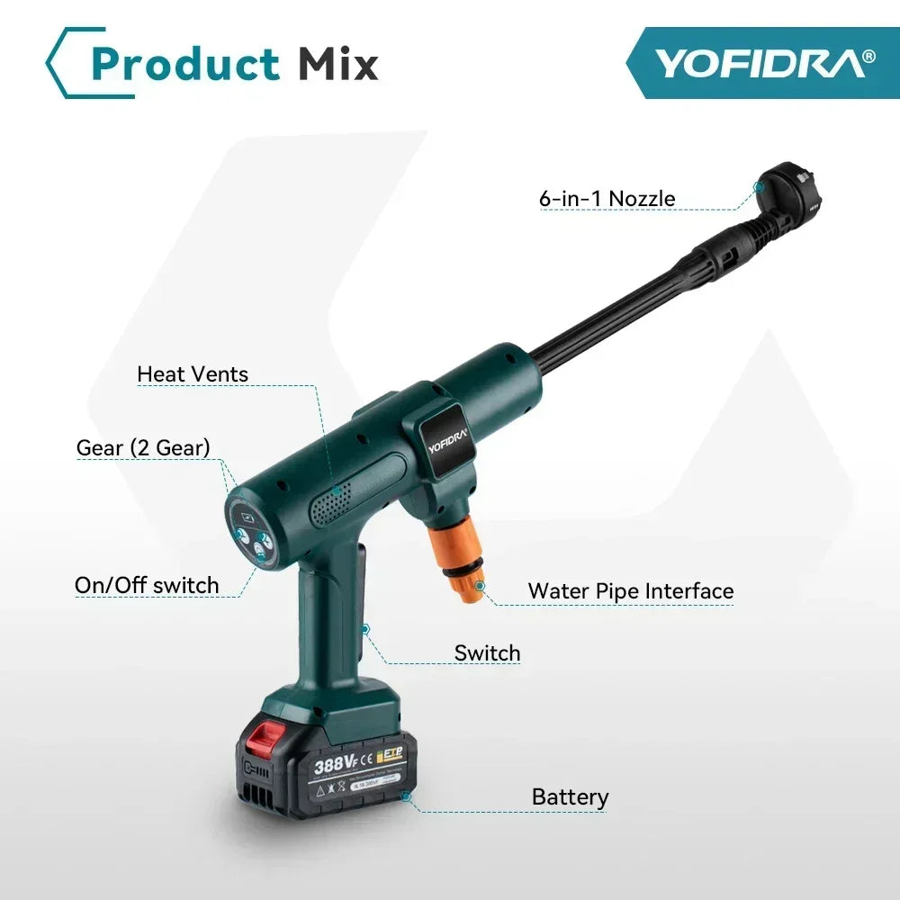 YOFIDRA 200Bar 3500W Brushless Electric High Pressure Washer 6in1 Car Washing Garden Water Spray Gun For Makita 18V Battery Pin