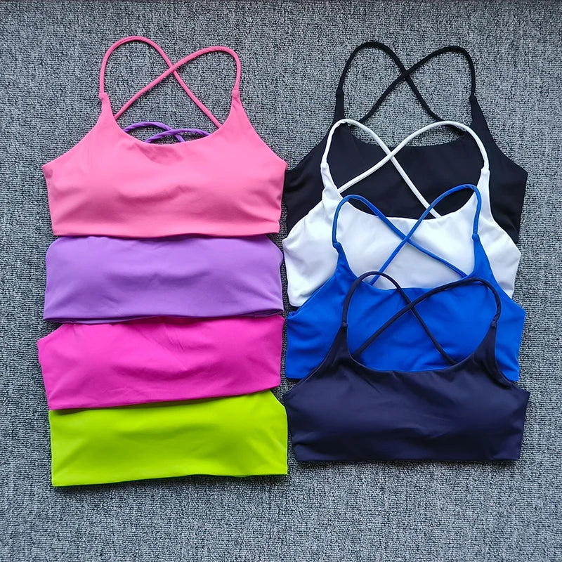 Color Solid Support Women Fitness Bra Yoga Vest Gym Sport Top Hollow back Push With Chest Pad Four Shoulder Straps Cross-back