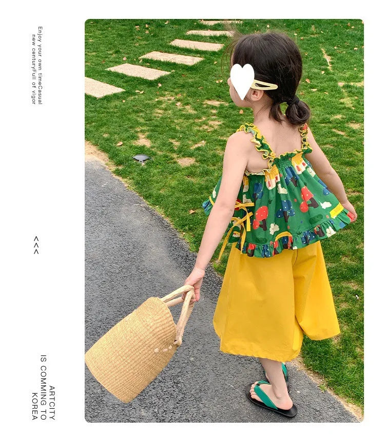 Children's Clothing Sets Cartoon Print Halter Top + Wide-leg Pants 2pcs Toddler Clothes for 2 To 7years Kids Boutique Clothes