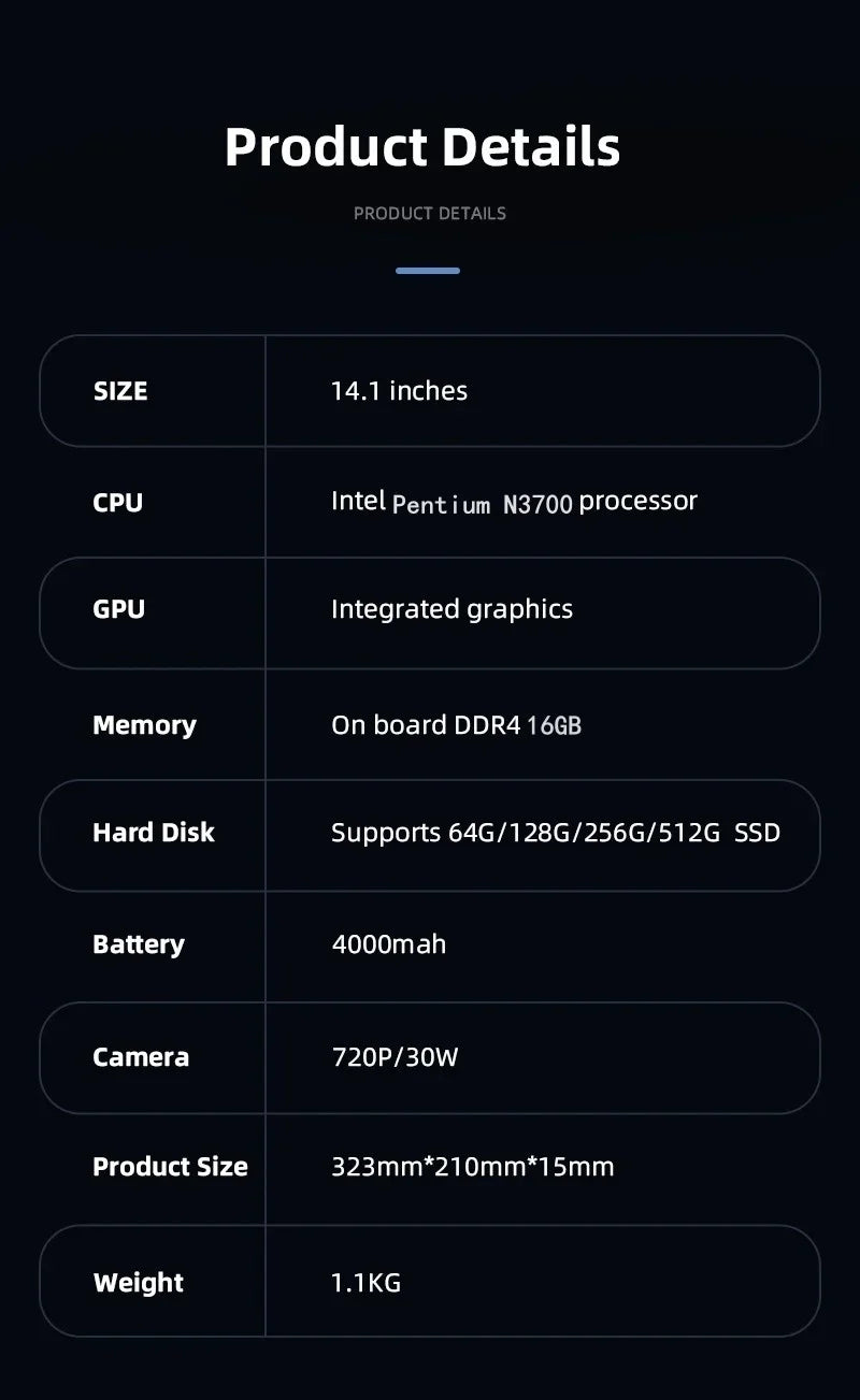Ultra Slim Laptop 14.1" 16GB RAM 1TB SSD Intel N3700 Notebook Gamer  1920*1080  Display Office Study Computer PC Windows 11 Pro
