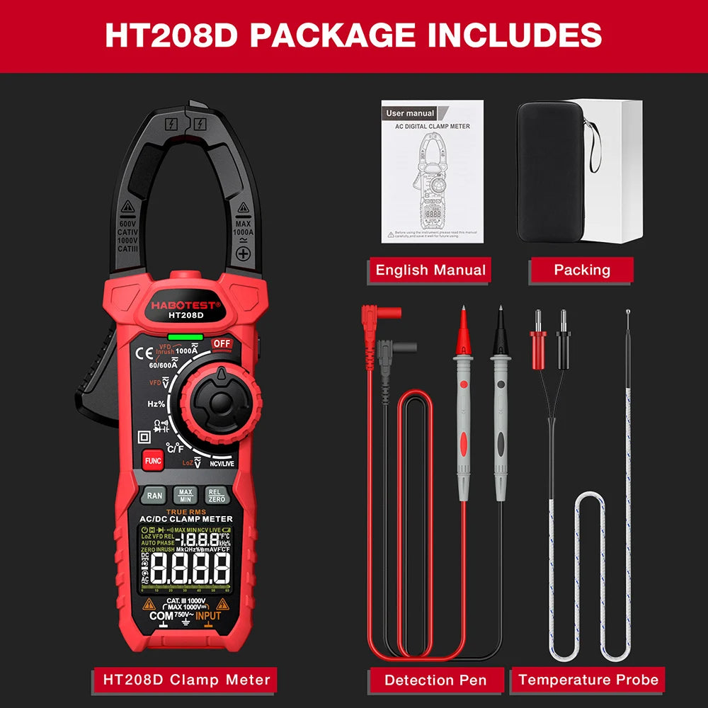 HT208A/D AC/DC Digital Clamp Meter Meter Multimeter Pinza Amperimetrica True RMS High Precision Capacitance NCV Ohm Hz Tester