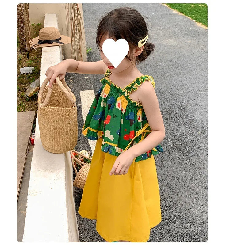 Children's Clothing Sets Cartoon Print Halter Top + Wide-leg Pants 2pcs Toddler Clothes for 2 To 7years Kids Boutique Clothes