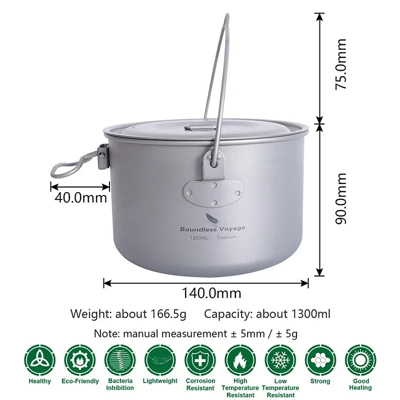 Boundless Voyage Outdoor Camping Titanium Cooking Pots Hanging Pot with Handle Picnic Hiking Kettle Cookware 1.3L 1.95L 2.9L