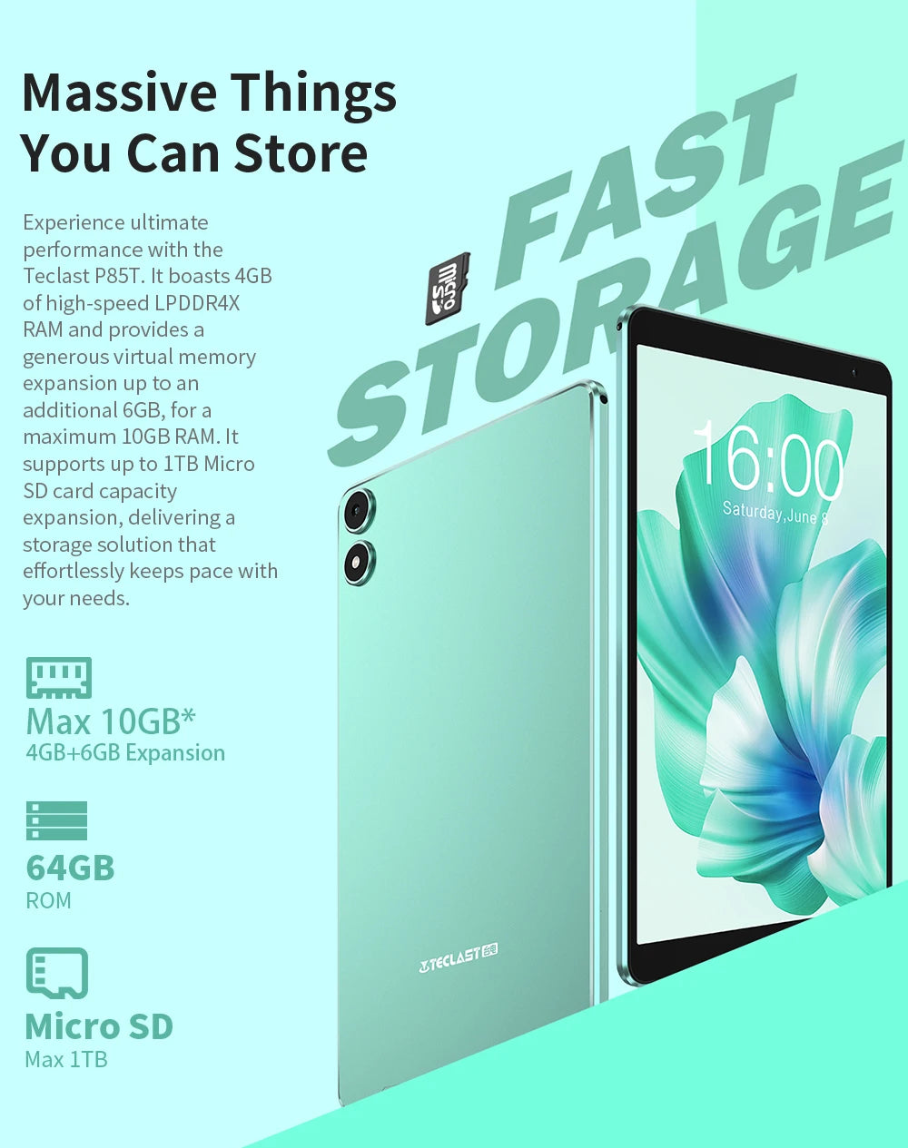 Teclast P85T 2024 Tablet (Allwinner A523 1.8GHz 8-Core/10GB (4GB+6GB)RAM/64GB ROM/8 Inch 1200*800iPS/WiFi 5/BT 5.0/5000mAh