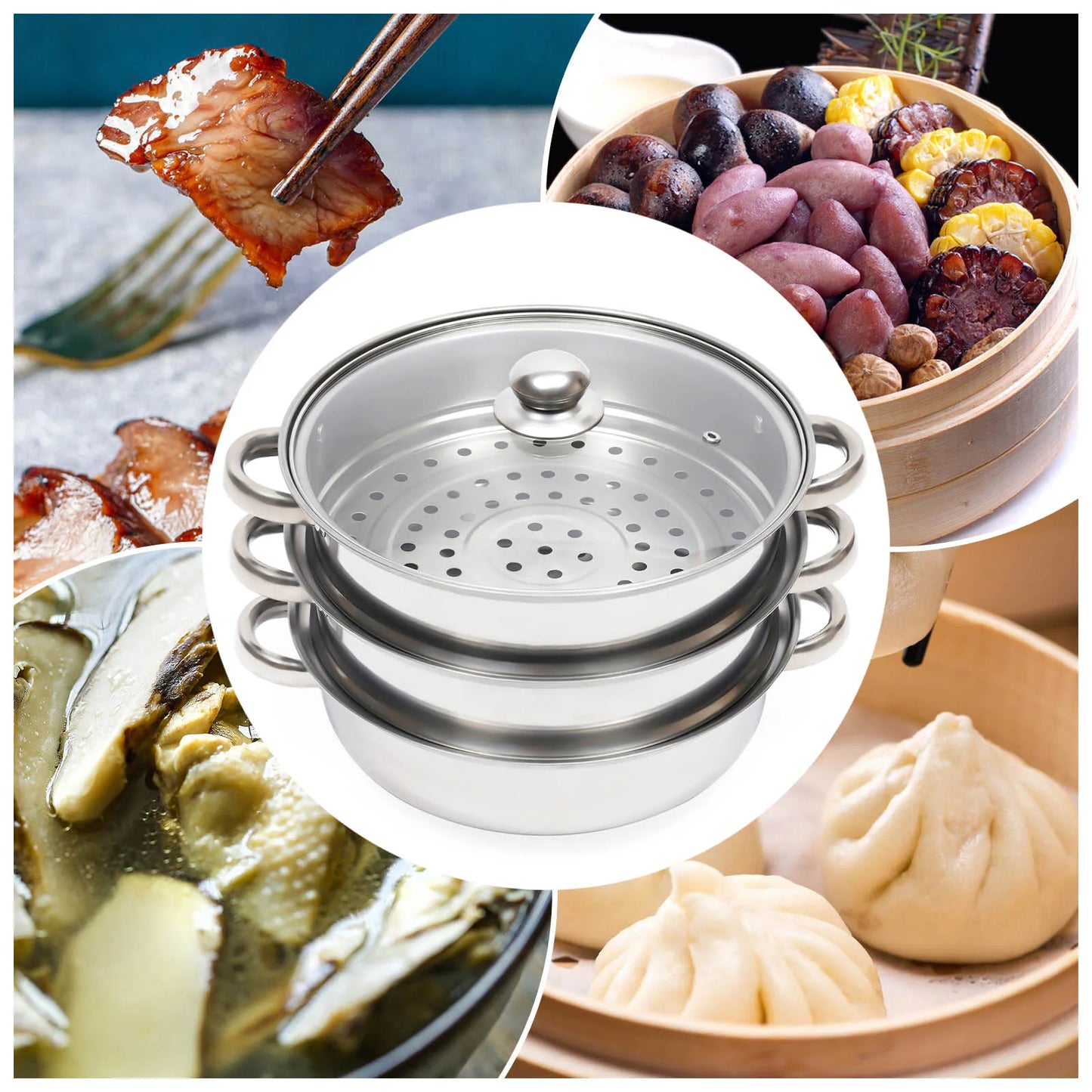 28CM 3-Tier Stainless Steel Thick Steamer Pot Soup Steam Pot Universal Cooking Pots for Induction Cooker Gas Stove