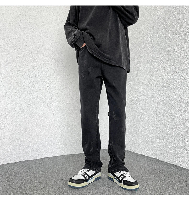 2024 Spring New Style Korean Style Men Fashionable Retro Street Jeans Zip Design on Trouser Legs Straight-leg Denim Pants Black