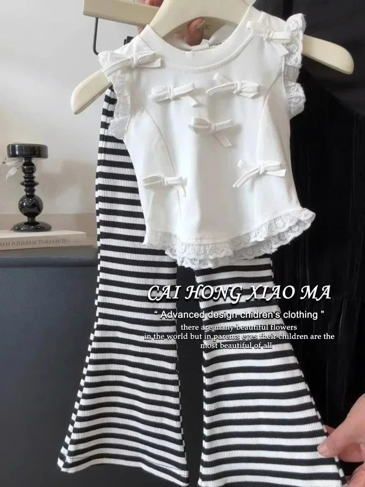 Children's Clothing Sets Bow-Detail Camisole + Striped Flared Trousers 2pcs Sets Toddler Girl Clothes Baby Girl Outfit Set