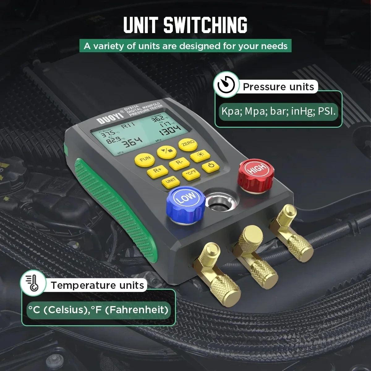 Digital refrigeration pressure gauge, air conditioning temperature detector, multi-function vacuum pressure test tool kit
