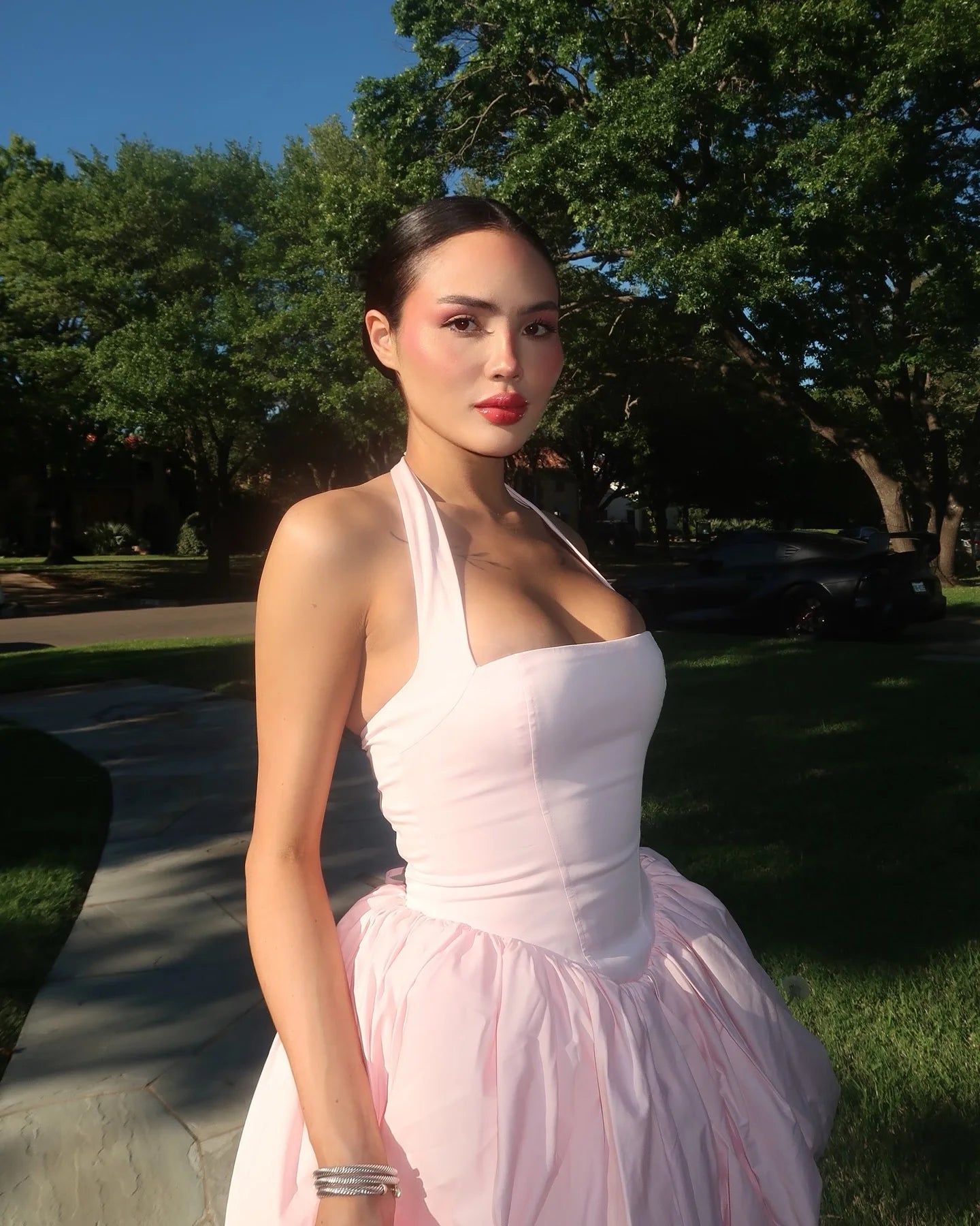 Elegant Pink Halter Pleated Mini Dress Women Lace-up Backless Off Shoulder Puff Hem A-line Short Gowns Summer Lady Party Robe