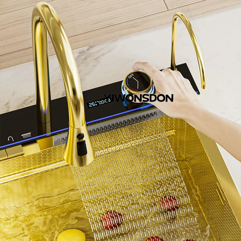 Nano Multifunctional Kitchen Sink Large Single Slot Integrated Digital Display Waterfall Faucet Soap Dispenser Cup Washer Pure
