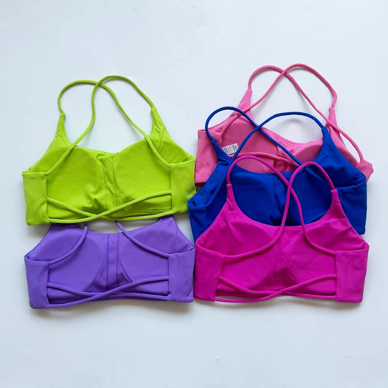 Color Solid Support Women Fitness Bra Yoga Vest Gym Sport Top Hollow back Push With Chest Pad Four Shoulder Straps Cross-back