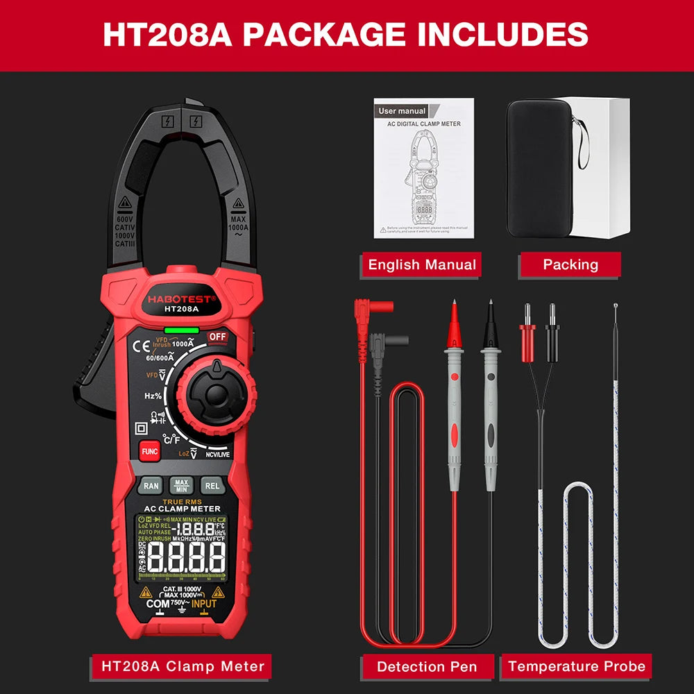 HT208A/D AC/DC Digital Clamp Meter Meter Multimeter Pinza Amperimetrica True RMS High Precision Capacitance NCV Ohm Hz Tester