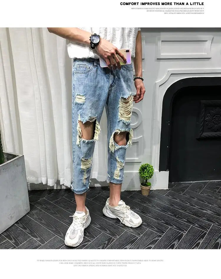 Men Jeans Knee Hole Ripped Stretch Skinny Denim Pants Solid Color  Autumn Summer Hip-Hop Style Slim Fit Trousers 2023 pantalones