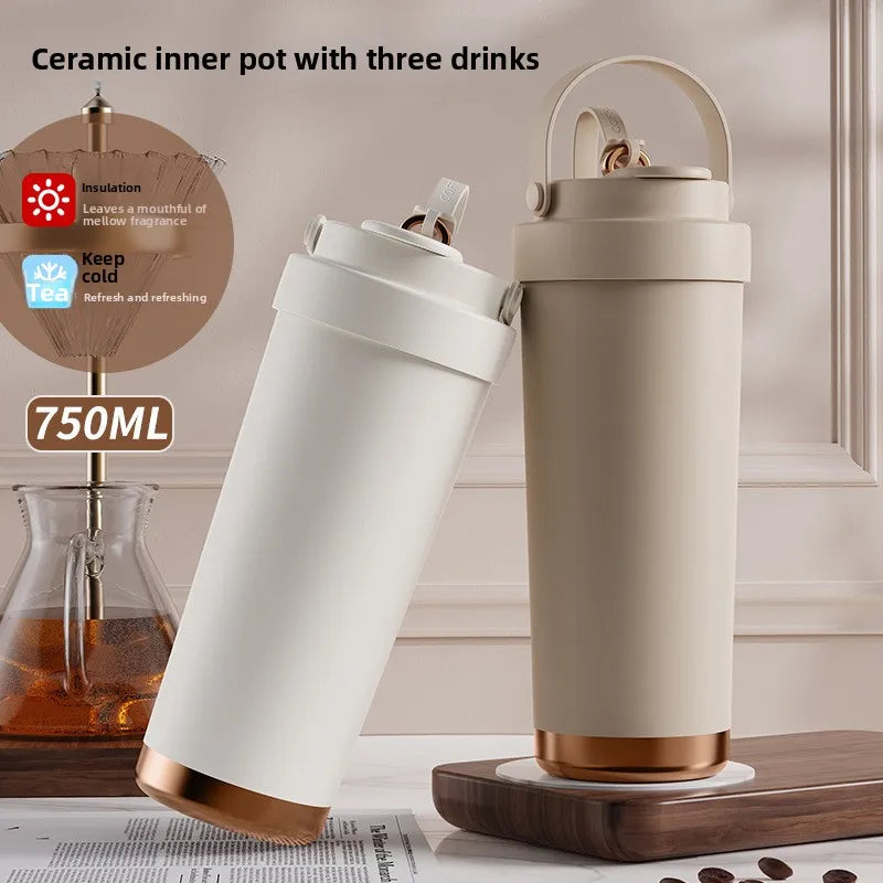 Large capacity ceramic inner pot insulated cup, women's office dual drink coffee cup, portable straw, car water cup