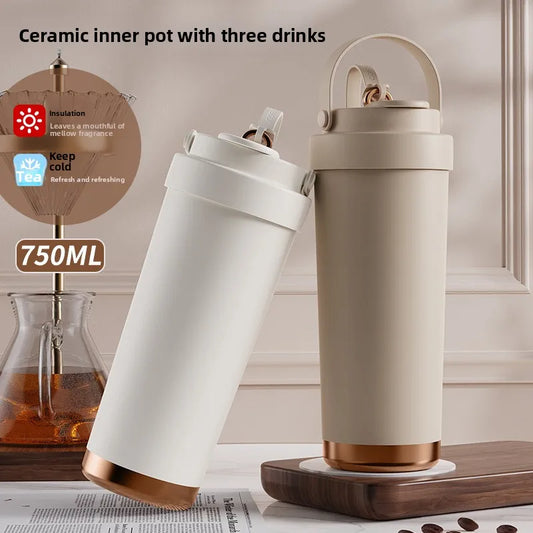 Large capacity ceramic inner pot insulated cup, women's office dual drink coffee cup, portable straw, car water cup