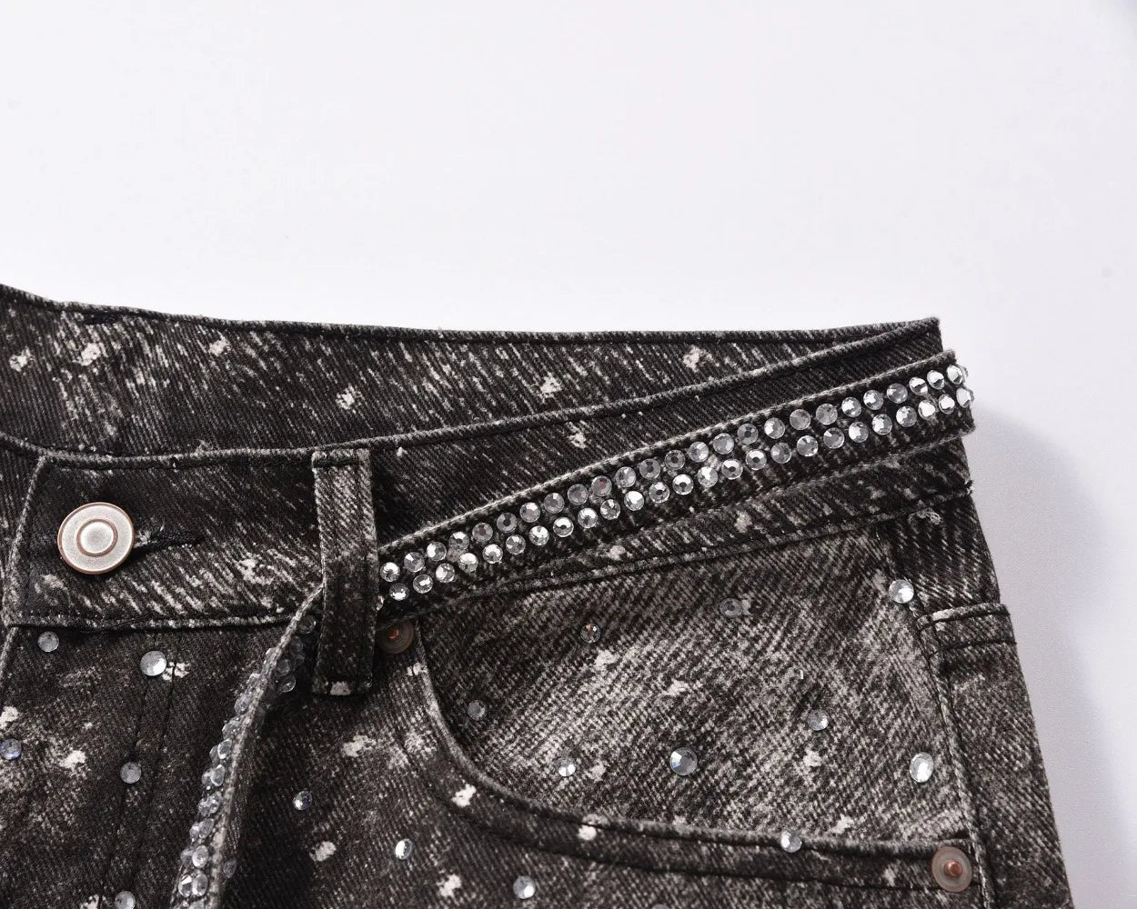 Tung Sung Full Diamond Printing Diamond Belt Wash Casual Loose Straight Jeans Hip Hop Y2k Men’s Jeans