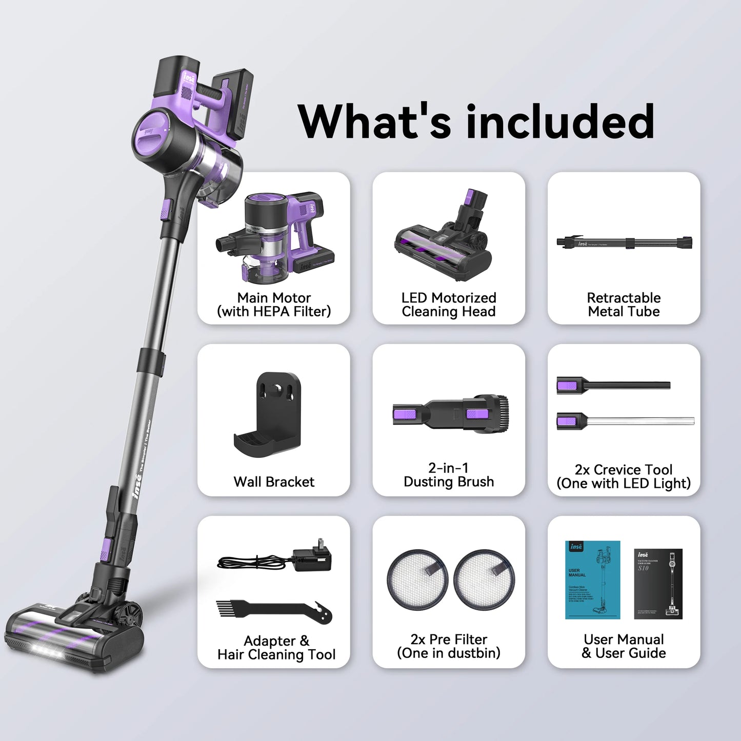INSE S10 Cordless Vacuum Cleaner, 6-in-1 Stick Vacuum with 30Kpa 350W Suction, Max 50 Min Runtime Rechargeable Vacuum for Home