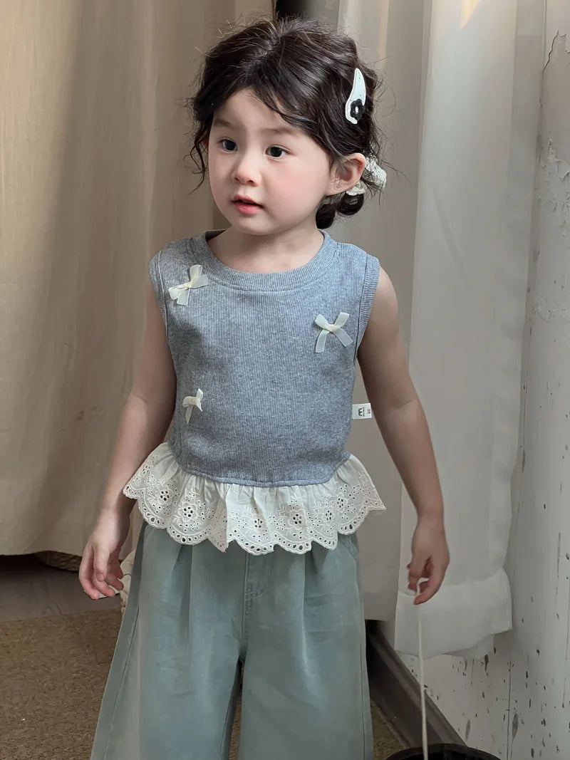 Children Clothes Girl 1-8 Y Baby Girls Clothes Cotton Sleeveless Top with Bowknot and Lace Trim Soft and Cute for Daily Wear