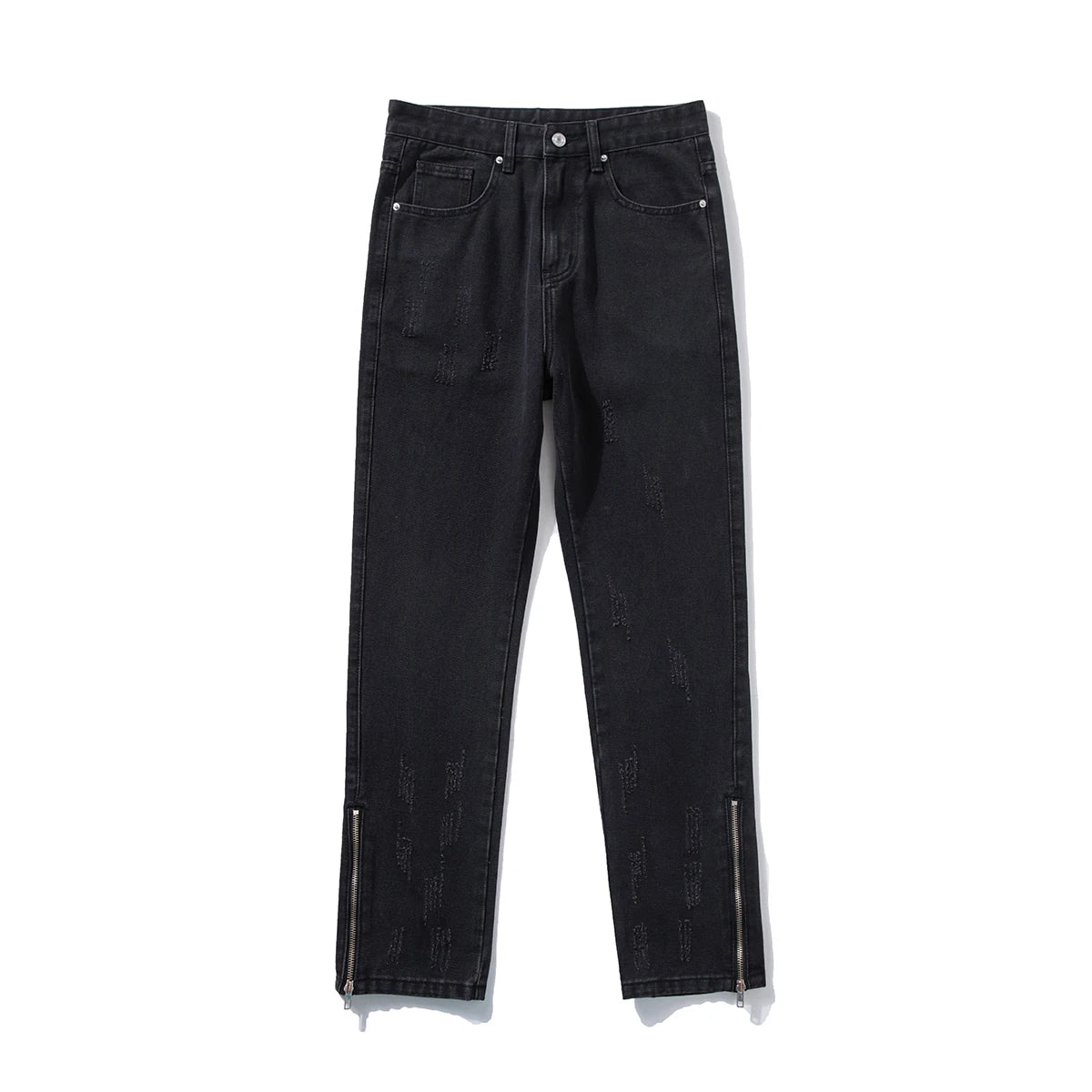 2024 Spring New Style Korean Style Men Fashionable Retro Street Jeans Zip Design on Trouser Legs Straight-leg Denim Pants Black