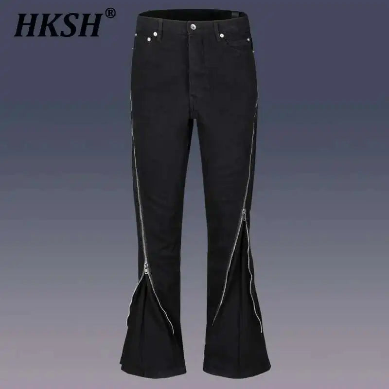 HKSH Men's Tide Streetwear Jeans RO Style Women's Autumn Winter Urban Spiral Track Twisted Large Zipper Dark Denim Pants HK1407