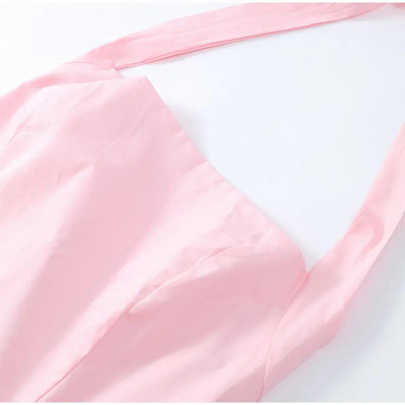 Elegant Pink Halter Pleated Mini Dress Women Lace-up Backless Off Shoulder Puff Hem A-line Short Gowns Summer Lady Party Robe