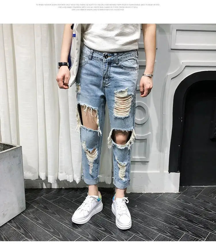 Men Jeans Knee Hole Ripped Stretch Skinny Denim Pants Solid Color  Autumn Summer Hip-Hop Style Slim Fit Trousers 2023 pantalones
