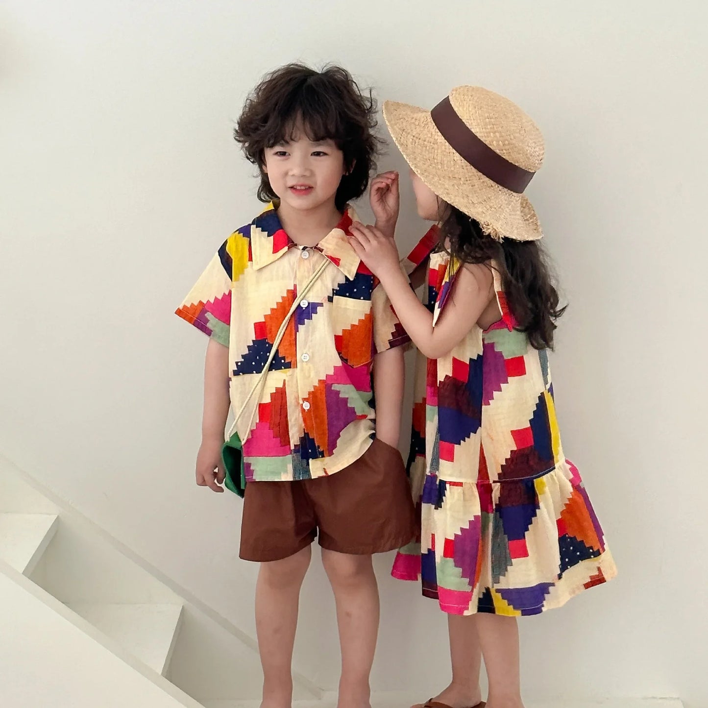 Children's Clothes 2025 Summer New Boy's Shirt Suit Or Baby Girl Dress Holiday Clothes Brother And Sister Clothes
