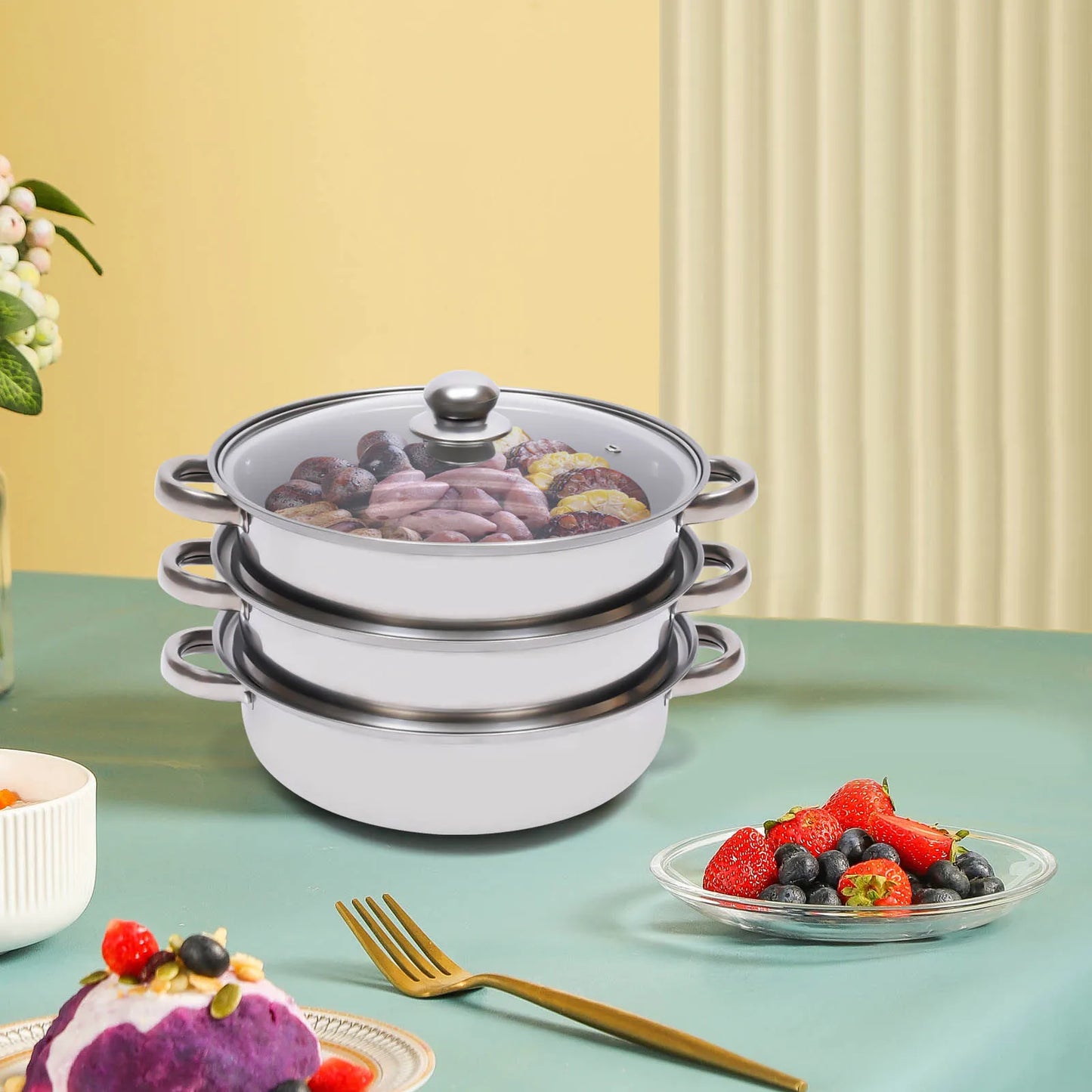 28CM 3-Tier Stainless Steel Thick Steamer Pot Soup Steam Pot Universal Cooking Pots for Induction Cooker Gas Stove