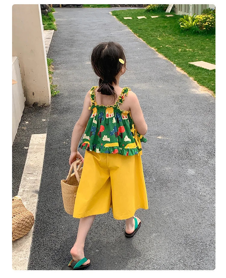 Children's Clothing Sets Cartoon Print Halter Top + Wide-leg Pants 2pcs Toddler Clothes for 2 To 7years Kids Boutique Clothes