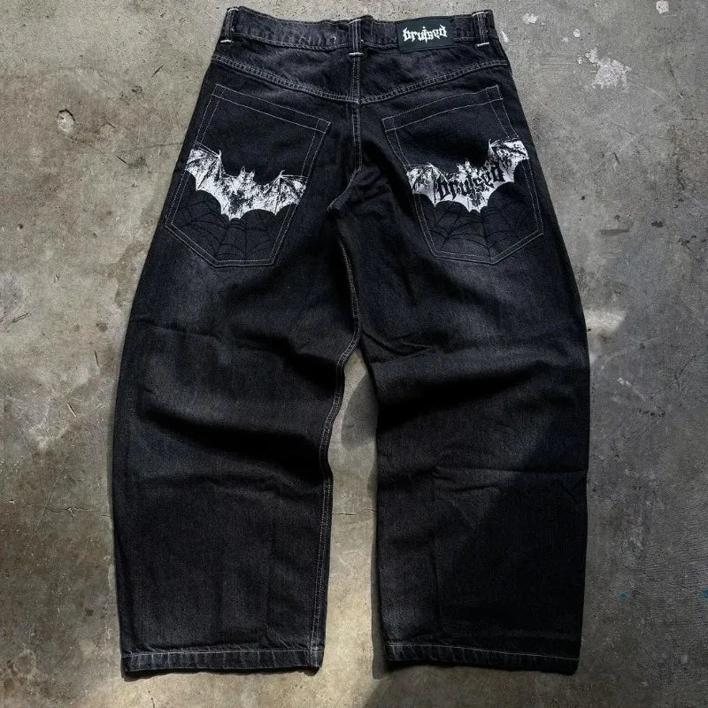 Skull bone print pattern oversized loose jeans men's Y2K street hip-hop Harajuku fashion high waist wide leg straight leg women