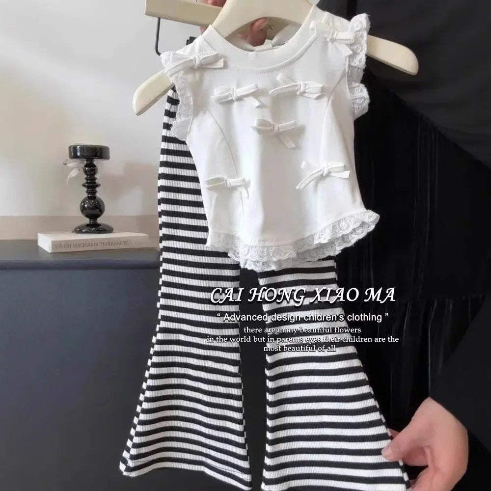 Children's Clothing Sets Bow-Detail Camisole + Striped Flared Trousers 2pcs Sets Toddler Girl Clothes Baby Girl Outfit Set