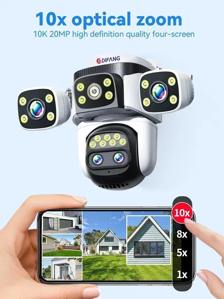 10K 20MP Home Security WiFi Camera Four Len Four Screen 360° PTZ 10X Zoom CCTV Wireless Surveillance IP Cam Security Protection