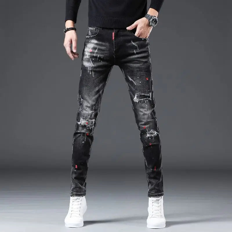 New Arrival Spring Autumn Denim Jeans for Men Slim Distressed Ripped Pants Paint Splatter Design Streetwear Luxury Slim Jeans