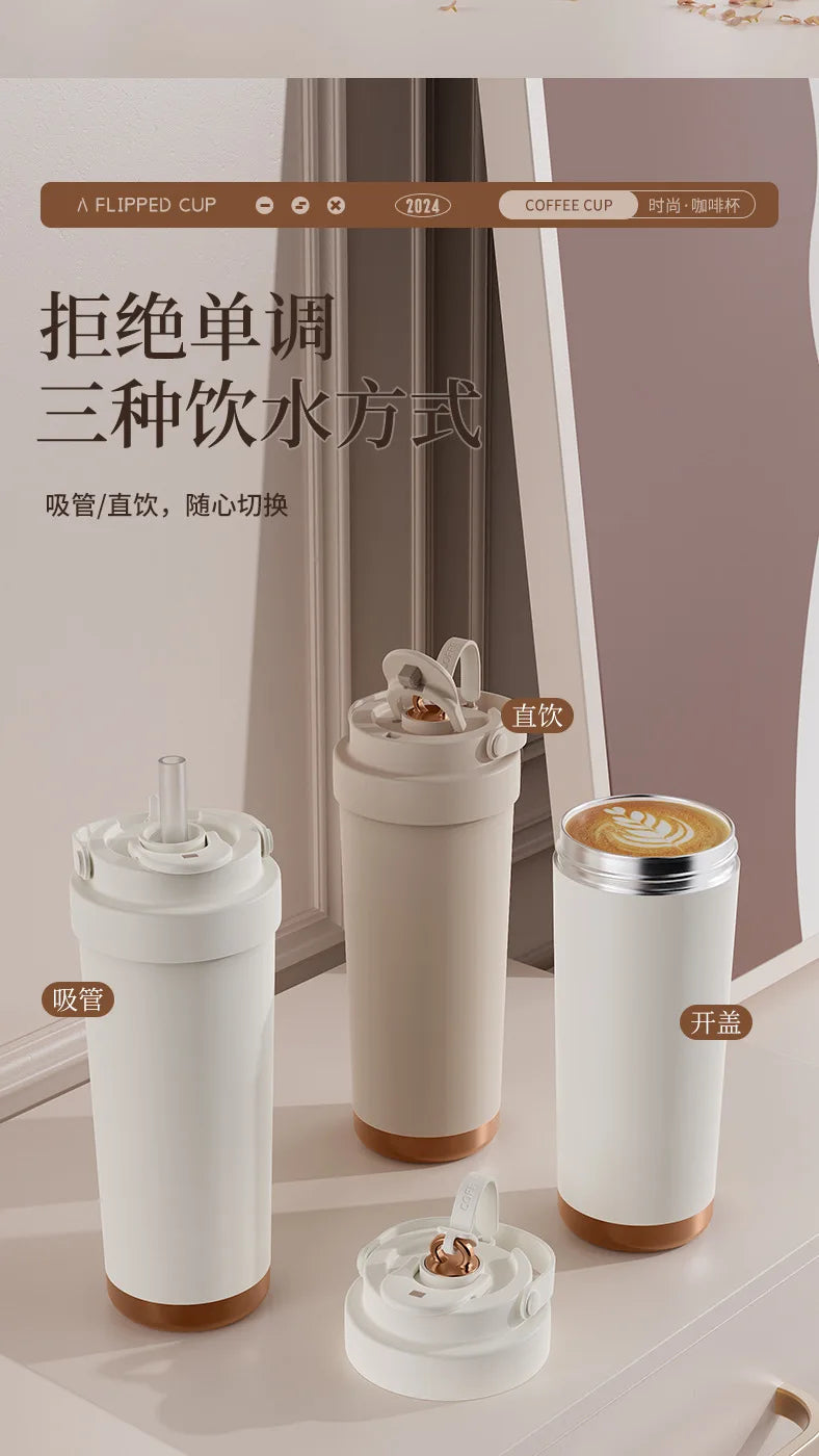 Large capacity ceramic inner pot insulated cup, women's office dual drink coffee cup, portable straw, car water cup