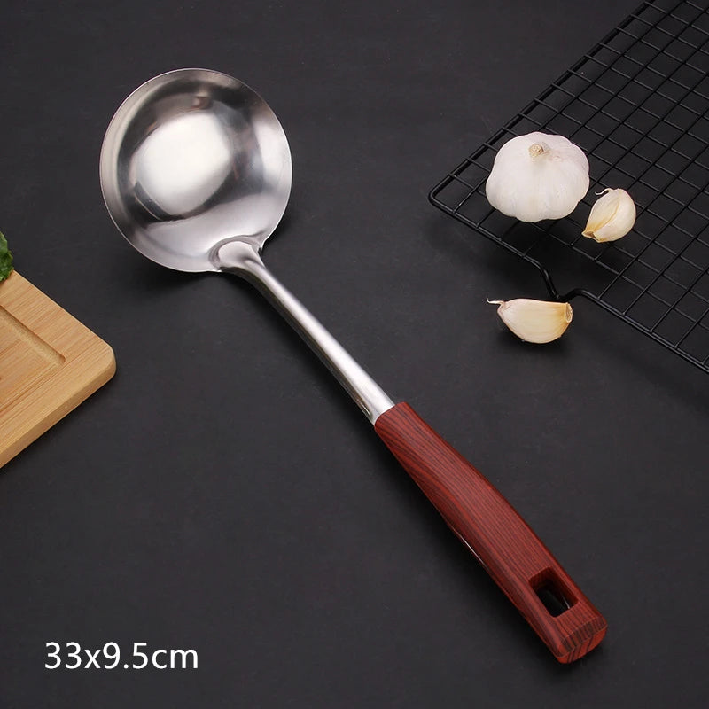 Wooden Handle Frying Spatula Tongue Spoon Stainless Steel BBQ Meat Fork Colander Home Cooking Pots Set Kitchen Accessories