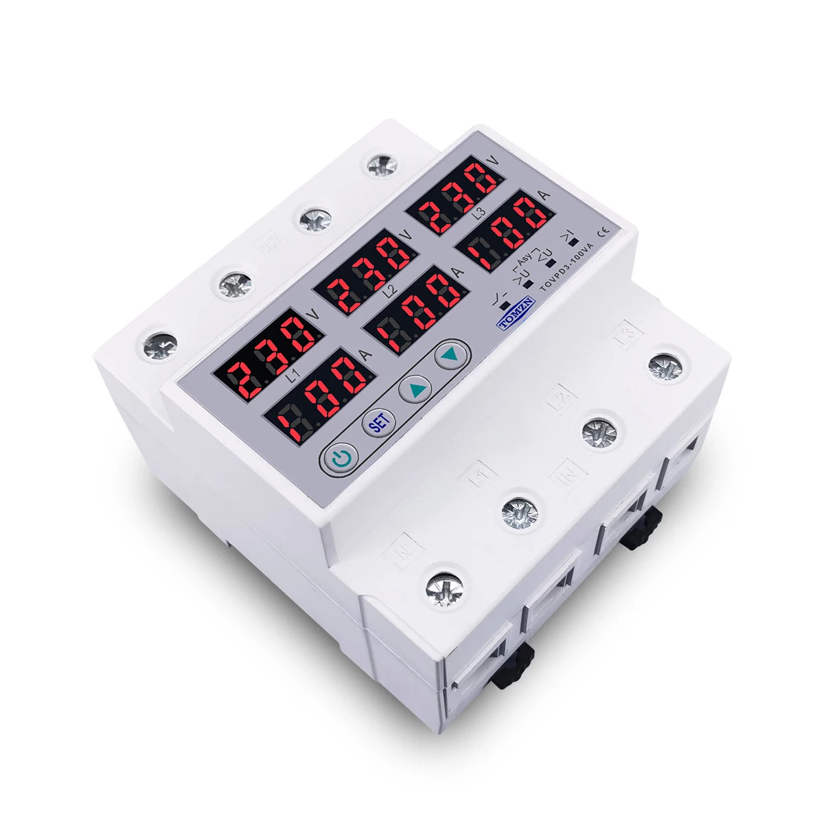TOMZN TOVPD3-63VA Din Rail 3 Phase Adjustable Over and Under Voltage Protector relay with current protection 3*220V 380V