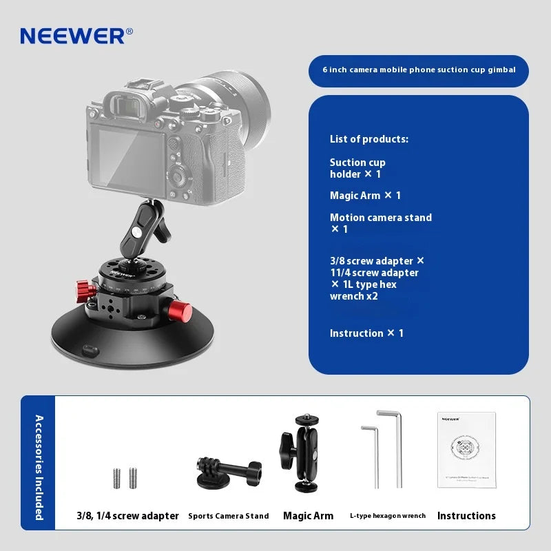 NEEWER CA013 Camera Suction Cup Gimbal Stand with Ball Head Magic Arm for Cameras Action Camera Phone Car Windshield Dash Mount