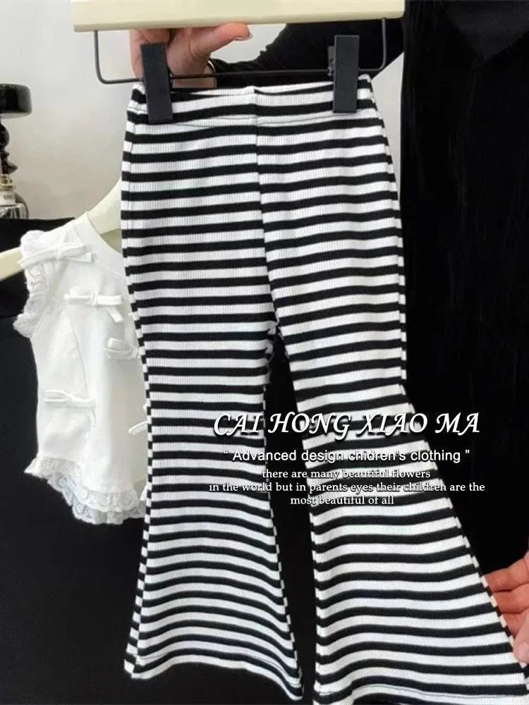 Children's Clothing Sets Bow-Detail Camisole + Striped Flared Trousers 2pcs Sets Toddler Girl Clothes Baby Girl Outfit Set