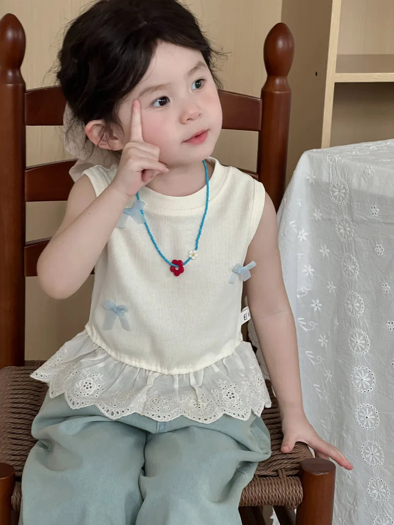 Children Clothes Girl 1-8 Y Baby Girls Clothes Cotton Sleeveless Top with Bowknot and Lace Trim Soft and Cute for Daily Wear