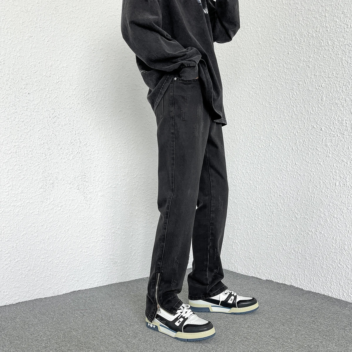 2024 Spring New Style Korean Style Men Fashionable Retro Street Jeans Zip Design on Trouser Legs Straight-leg Denim Pants Black