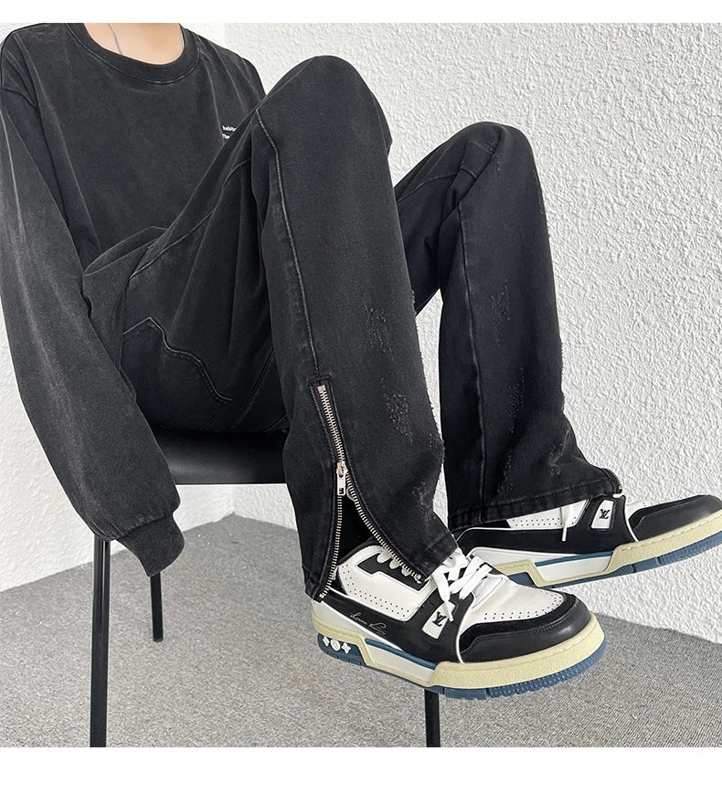 2024 Spring New Style Korean Style Men Fashionable Retro Street Jeans Zip Design on Trouser Legs Straight-leg Denim Pants Black