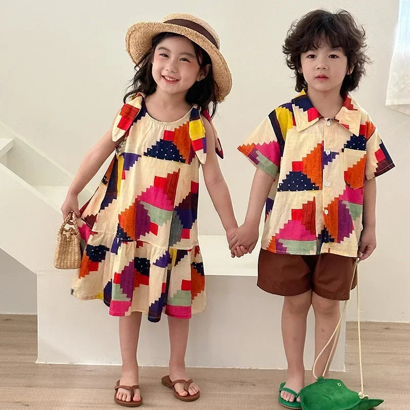 Children's Clothes 2025 Summer New Boy's Shirt Suit Or Baby Girl Dress Holiday Clothes Brother And Sister Clothes