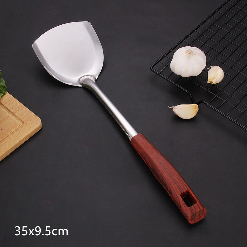Wooden Handle Frying Spatula Tongue Spoon Stainless Steel BBQ Meat Fork Colander Home Cooking Pots Set Kitchen Accessories