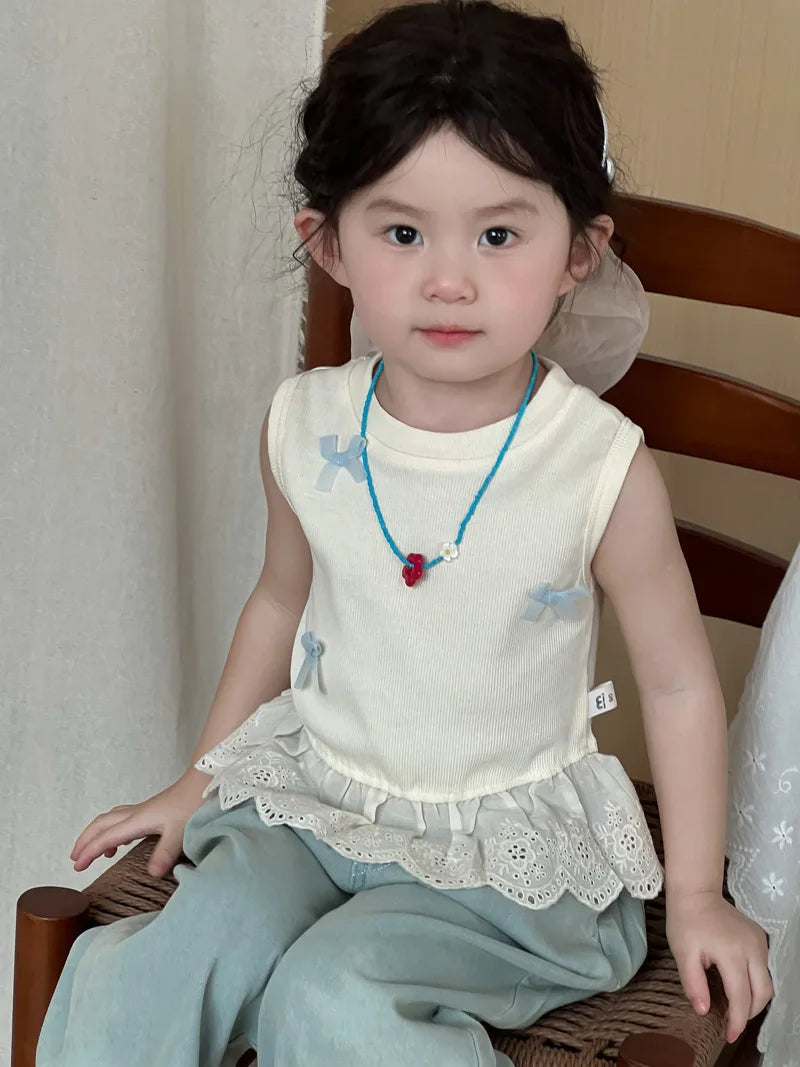Children Clothes Girl 1-8 Y Baby Girls Clothes Cotton Sleeveless Top with Bowknot and Lace Trim Soft and Cute for Daily Wear