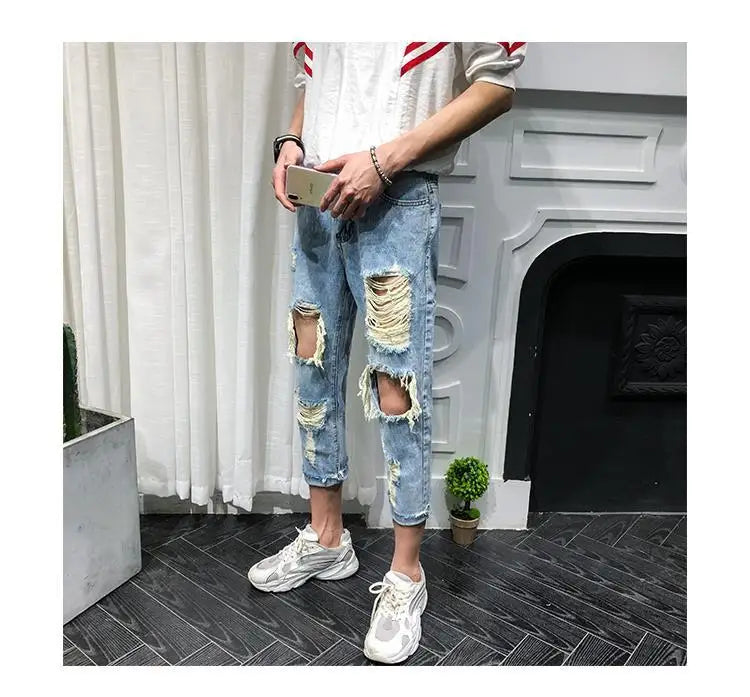 Men Jeans Knee Hole Ripped Stretch Skinny Denim Pants Solid Color  Autumn Summer Hip-Hop Style Slim Fit Trousers 2023 pantalones
